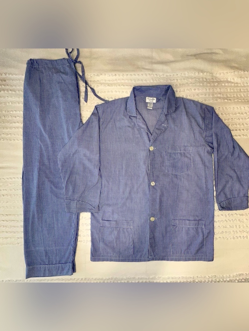Vintage Christian Dior Men’s Pajama Set Blue White Stripe Large Excellent